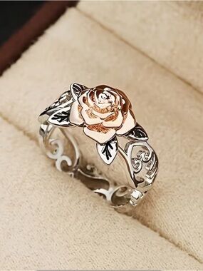 Floral Rose Silver-Tone Ring with Rose-Gold-Tone Accent - size 7